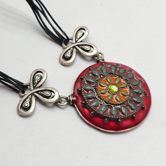 Chicos Multicolor Enamel Medallion Pendant Necklace With Black Cord BoHo - Picture 2 of 6